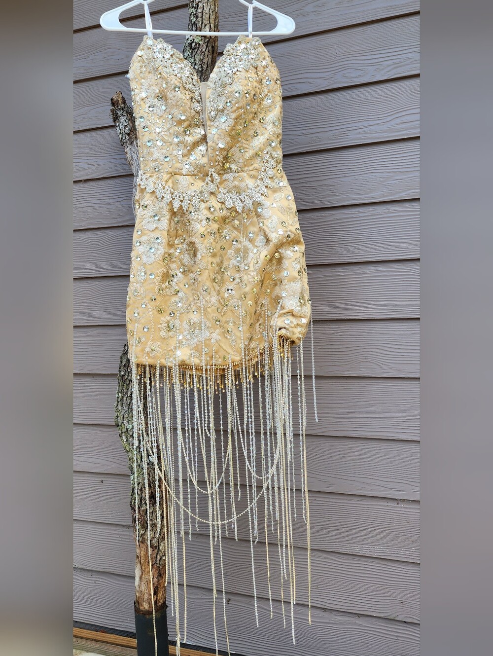 Beaded Strapless Mini Dress in Gold with Fringe